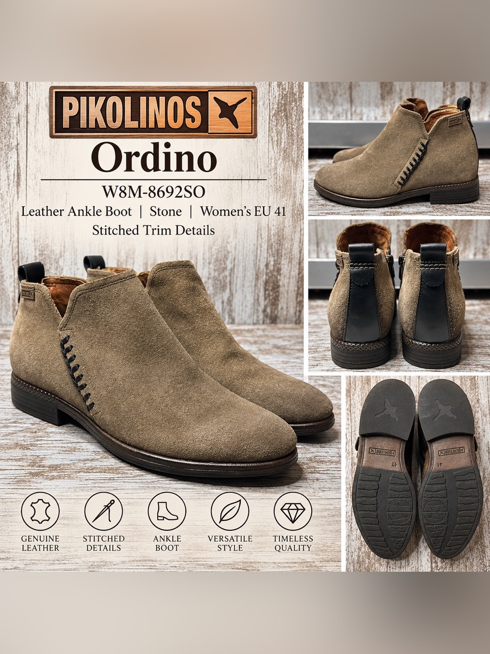 Pikolinos Ordino W8M-8692SO Stone Leather Ankle Boots Women’s EU 41 Booties